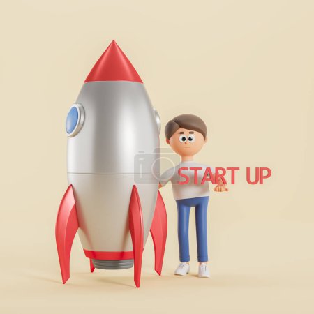 Téléchargez les photos : Rendement 3D. Un dessinateur debout près d'une fusée, prêt à décoller. Lancement de projet et idée de démarrage, nouvelles entreprises et réalisation. Concept de développement et illustration du succès - en image libre de droit