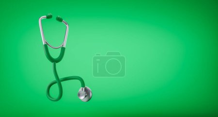 Photo for View of blue stethoscope over bright green background. Concept of medical diagnostics and healthcare. 3d rendering, copy space - Royalty Free Image
