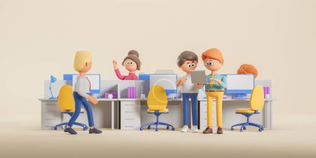 Photo for 3d rendering. Cartoon character people on the job, work days in company. Business idea, plan and cooperation with colleagues. Mock up pc computer on work desk. Concept of office illustration - Royalty Free Image