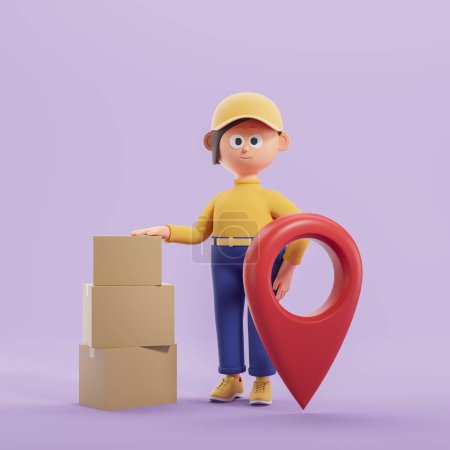 Photo for 3d rendering. Cartoon character woman courier with carton parcels, large red geo tag on purple background. Concept of delivery service, navigation and order tracking illustration - Royalty Free Image