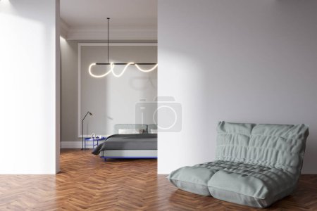 Photo for White bedroom interior with relax place and sleeping area with art decoration, hardwood floor. Mockup copy space empty wall. 3D rendering - Royalty Free Image