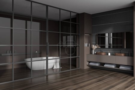 Photo for Brown bathroom interior with double sink and bathtub behind glass doors, side view. Brown dresser with bath accessories and minimalist art decoration. 3D rendering - Royalty Free Image
