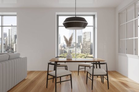 Foto de Blanco salón interior con mesa de comedor y sillas, sofá en el suelo de madera. Vista panorámica de la ciudad de Nueva York. Renderizado 3D - Imagen libre de derechos