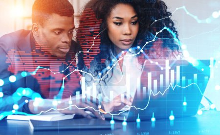 Photo for Black businessman and businesswoman working with laptop, double exposure with forex diagrams and red worldwide map, stock market chart with candlesticks. Concept of financial crisis - Royalty Free Image