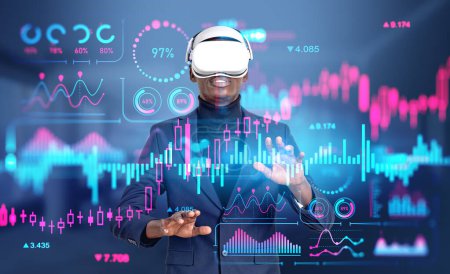 Photo for Black businessman working in vr glasses, hands touching colorful forex analysis on virtual screen, stock market candlesticks hud with lines and graphs. Concept of trading - Royalty Free Image
