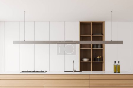 Photo for White kitchen interior with bar island, sink and stove. Dresser with kitchenware and dishes in shelf. Hidden kitchen design. 3D rendering - Royalty Free Image