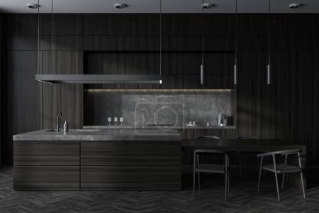 Foto de Interior de la cocina oscura con sillas y bar isla en suelo de madera. Utensilios de cocina y electrodomésticos en la cubierta, estantes ocultos. Renderizado 3D - Imagen libre de derechos