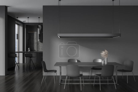 Photo for Front view on modern dark studio room interior with island, dining table, barstools, chairs, grey walls, oak wooden floor, crockery, lamp, coffee machine. Concept of minimalist design. 3d rendering - Royalty Free Image