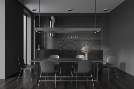 Téléchargez les photos : Vue de face sur studio moderne sombre intérieur avec table à manger, chaises, murs gris, parquet en chêne, vaisselle, lampe, machine à café. Concept de design minimaliste. Rendu 3d - en image libre de droit