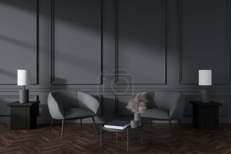 Foto de Vista frontal en el interior del salón oscuro con sillones, mesa de centro, pared gris, suelo de madera de roble. Concepto de diseño minimalista. Lugar de relajación y reunión. renderizado 3d - Imagen libre de derechos