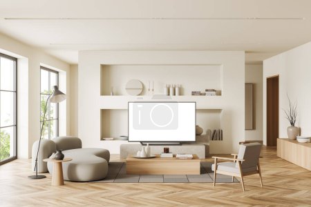 Foto de Interior de la sala de estar beige con sofá y sillón, tv en un soporte. Estante con decoración de arte, alfombra en piso de madera. Ventana panorámica de los trópicos. Simular pantalla vacía, representación 3D - Imagen libre de derechos