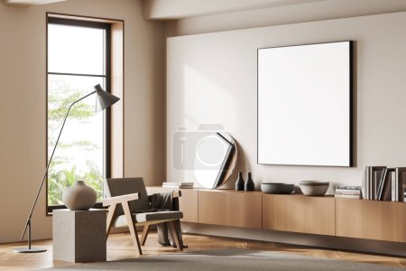 Photo for Beige living room interior with armchair and dresser with art decoration, side view, carpet on hardwood floor. Panoramic window on tropics. Mock up canvas poster. 3D rendering - Royalty Free Image