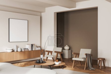 Photo for Beige living room interior with sofa and armchairs, side view, wooden dresser with decoration, carpet on hardwood floor. Mock up square poster. 3D rendering - Royalty Free Image
