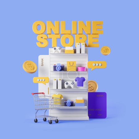 Photo for Shelf with products, credit card with floating coins. Shopping cart and chat bubble on blue background. Concept of online shopping. 3D rendering - Royalty Free Image