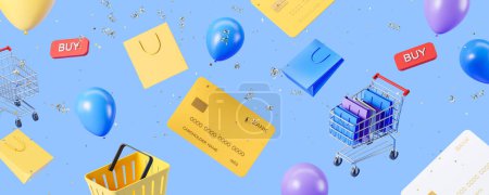 Téléchargez les photos : Shopping en ligne, carte de crédit et ballons flottant avec confettis sur fond bleu. Bannière Web, concept de rabais et de vente. rendu 3D - en image libre de droit