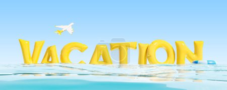 Urlaubs-Schriftzug im Wasser, Flugzeug am blauen Himmel. Konzept von Seereisen und Urlaub. 3D-Rendering