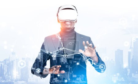 Photo for African businessman working in vr headset, circuit of connection and New York cityscape, double exposure. Concept of virtual reality and futuristic technology - Royalty Free Image