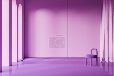 Téléchargez les photos : Salle d'exposition abstraite violette intérieur avec chaise et rideaux, fenêtres en arc. Concept de salon. Espace de copie, rendu 3D - en image libre de droit