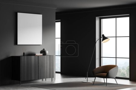 Photo for Dark living room interior with armchair, side view, dresser on grey concrete floor. Panoramic window on countryside. Mock up blank poster. 3D rendering - Royalty Free Image