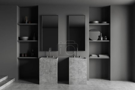 Téléchargez les photos : Vue de face sur l'intérieur sombre de la salle de bain avec deux miroirs, étagères avec vaisselle et serviettes, murs gris, sol en béton, éviers, miroir rond. Concept de traitement de l'eau. Rendu 3d - en image libre de droit