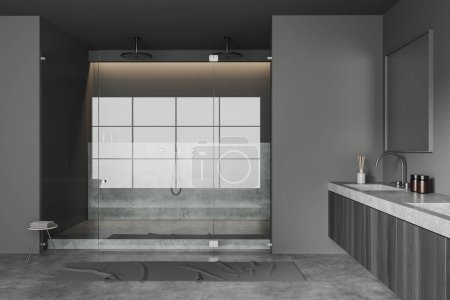Photo for Dark bathroom interior with sink and double shower behind glass doors. Stool and foot towel on grey concrete floor. 3D rendering - Royalty Free Image