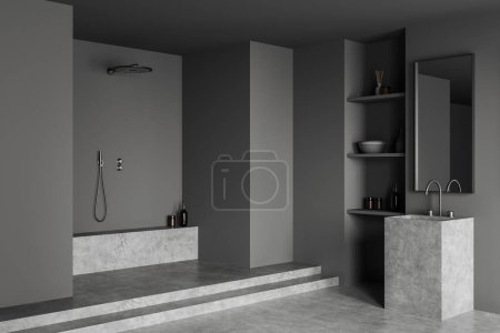 Téléchargez les photos : Intérieur salle de bain sombre avec lavabo et miroir, vue latérale, douche sur podium. Étagère avec accessoires de bain et décoration, sol en béton gris. rendu 3D - en image libre de droit
