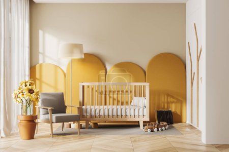 Photo for Cozy baby room interior with armchair, crib and toys on carpet, hardwood floor. Bright stylish home sleep and nursery space with tulle and window. 3D rendering - Royalty Free Image