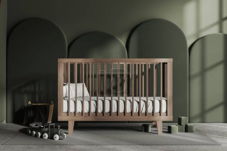 Foto de Interior de la habitación de bebé verde oscuro con cuna de madera, alfombra en piso de hormigón gris. Área de sueño minimalista en el hogar, espacio de guardería con juguetes, decoración. Renderizado 3D - Imagen libre de derechos