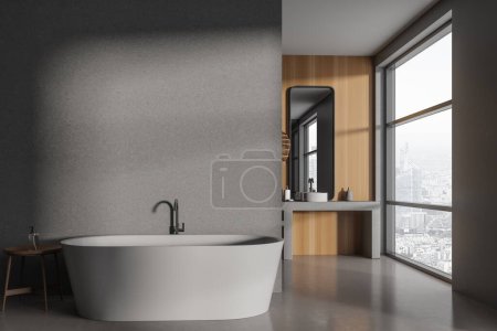 Téléchargez les photos : Dark home salle de bain intérieure avec baignoire, lavabo avec miroir et accessoires, fenêtre panoramique sur Singapour. Copier la partition murale vide. rendu 3D - en image libre de droit