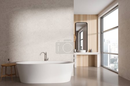 Photo for Modern hotel bathroom interior with bathtub, sink with mirror and accessories, panoramic window on Singapore. Copy space empty wall partition. 3D rendering - Royalty Free Image