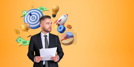 Photo for Businessman portrait with business analysis in hand, colorful start up icons on empty copy space orange background. Concept of financial analysis, investment and success - Royalty Free Image