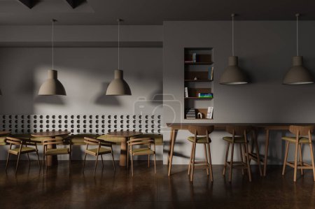 Photo for Dark minimalist cafe interior with bar stool, chairs and table, brown tile concrete floor. Shelf with decoration and books. Cozy dining and relaxing area with wooden furniture. 3D rendering - Royalty Free Image