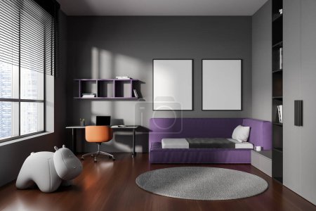 Photo for Interior of modern child bedroom with gray walls, wooden floor, comfortable purple bed with two mock up posters above it and computer table with chair. 3d rendering - Royalty Free Image