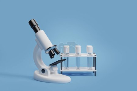 Photo for Cartoon microscope with test flasks, pipette in holder on empty copy space blue background. Concept of science and medicine, research and development. 3D rendering illustration - Royalty Free Image