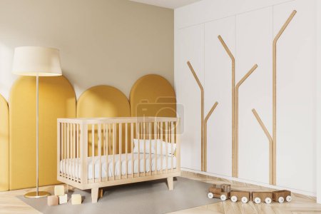Téléchargez les photos : Intérieur de la chambre de bébé moderne avec des murs blancs et jaunes, plancher en bois, berceau confortable et beau lampadaire debout près de lui. Rendu 3d - en image libre de droit