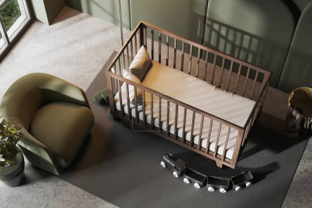 Photo for Top view of stylish baby room with green walls, concrete floor, comfortable crib and armchair standing near window. 3d rendering - Royalty Free Image