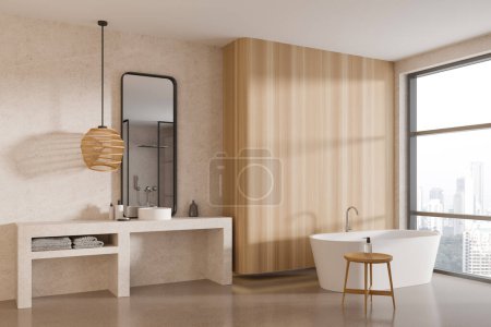 Téléchargez les photos : Coin de salle de bain moderne avec murs blancs et en bois, sol en béton, baignoire blanche confortable et lavabo rond avec miroir vertical. Rendu 3d - en image libre de droit
