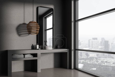 Foto de Esquina de baño elegante con paredes grises, suelo de hormigón, cómodo fregadero redondo y espejo vertical. renderizado 3d - Imagen libre de derechos