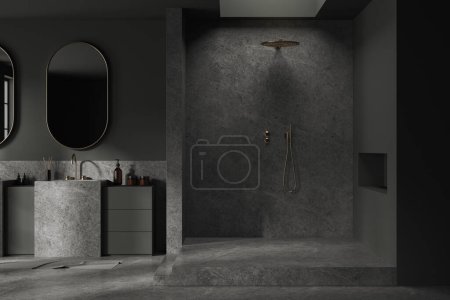 Foto de Interior de baño elegante con paredes grises, suelo de hormigón, lavabo doble masivo con dos espejos verticales y ducha a ras de suelo. renderizado 3d - Imagen libre de derechos