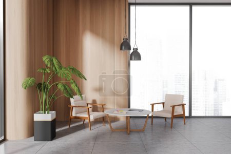 Foto de Interior de la moderna sala de espera oficina con paredes de madera, suelo de baldosas, dos cómodos sillones y mesa redonda. renderizado 3d - Imagen libre de derechos