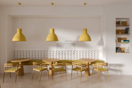 Foto de Interior moderno café con sillas y mesa de madera, piso de hormigón azulejo beige. Estante con decoración y libros. Acogedor comedor y sala de reuniones con muebles minimalistas. Renderizado 3D - Imagen libre de derechos
