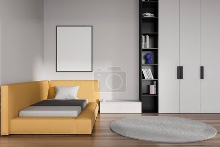 Photo for Interior of stylish child bedroom with white walls, wooden floor, comfortable yellow bed with mock up poster hanging above it and white wardrobe. 3d rendering - Royalty Free Image