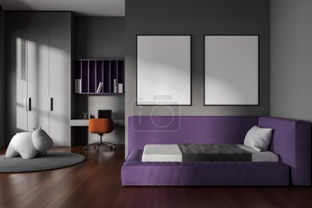 Foto de Interior del dormitorio infantil moderno con paredes grises, suelo de madera, cómoda cama púrpura con dos carteles simulados encima de ella y mesa de computadora con silla en el fondo. renderizado 3d - Imagen libre de derechos