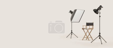 Photo for Film production, director's chair and photo studio equipment on empty copy space beige background. Concept of cinema and video production. 3D rendering illustration - Royalty Free Image