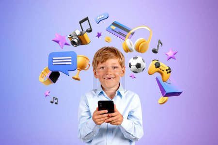 Photo for Portrait of cheerful little boy using smartphone near purple wall with online entertainment icons. Concept of leisure and technology - Royalty Free Image