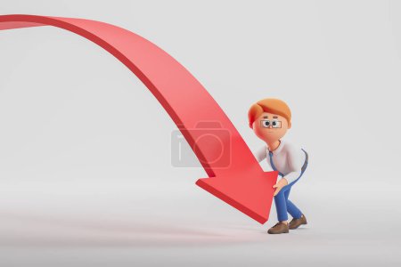 Photo for View of cartoon businessman holding falling graph over gray background. Concept of crisis and business failure. 3d rendering - Royalty Free Image