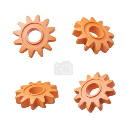 Téléchargez les photos : Vue de quatre engrenages orange et roues dentées sur fond blanc. Concept de travail d'équipe et de machines. Rendu 3d - en image libre de droit