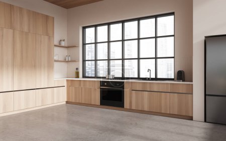 Téléchargez les photos : Intérieur de la cuisine moderne avec des murs beige et en bois, sol en béton, armoires en bois avec évier intégré et cuisinière et réfrigérateur dans le coin. Rendu 3d - en image libre de droit