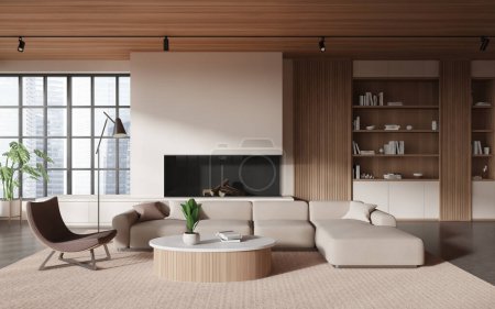 Foto de Interior de la moderna sala de estar con paredes beige, suelo de hormigón, chimenea, cómodo sofá, sillón, librería y mesa de centro redonda. renderizado 3d - Imagen libre de derechos