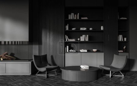 Foto de Interior de la sala de estar negro con dos sillones y mesa redonda, decoración de arte y libros en estante. Zona de relax con chimenea y mobiliario moderno. Renderizado 3D - Imagen libre de derechos